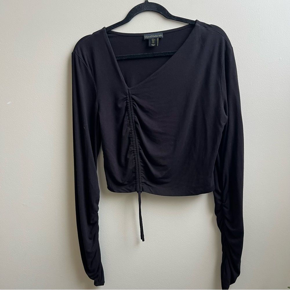 House of Harlow Black whimsigoth Cinched Asymmetrical V Neck Crop Top Size L